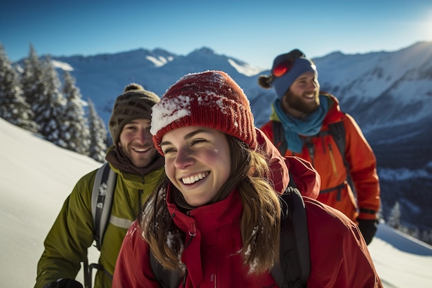Подростки развлекаются зимними видами спорта в заснеженных горах