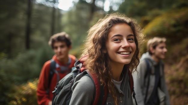 Teenagers hiking in the woods enjoying their time Generative AI