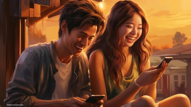 Teenagers laughing looking at smartphone