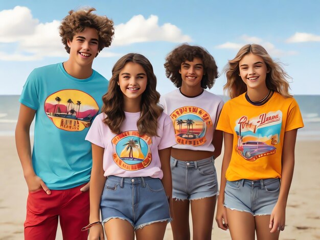 Photo teenagers playing on the beach wearing retro tshirt