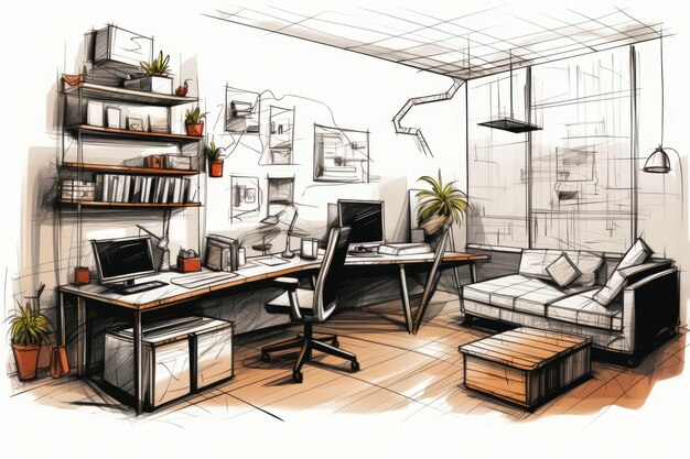 Teenagers room pencil sketch illustration living room with work area computer desk computer