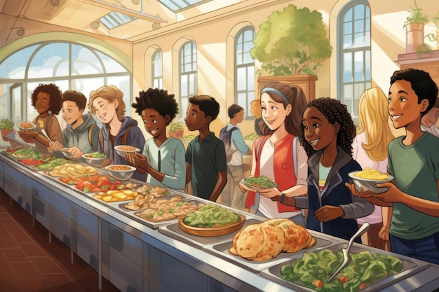 подростки в школьной столовой с вегетарианской едой