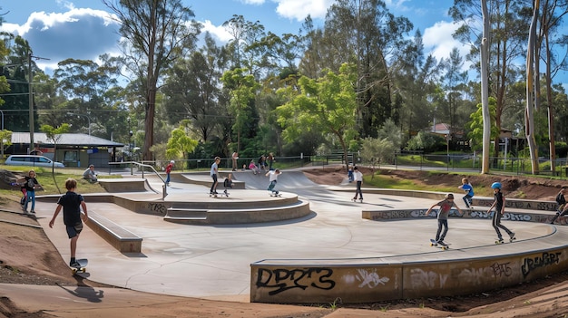 Photo teenagers skateboarding in a skate park on a sunny day