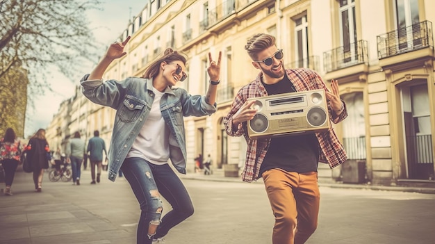 Teenagers uit de jaren '90 dansen met een boombox in de stad.