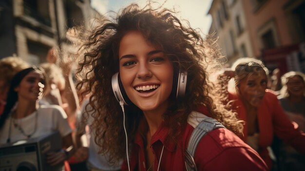 Teenagers van de jaren '90 dansen met een boombox in de stad.