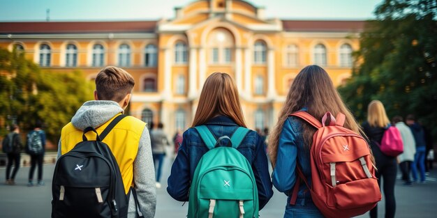 Teenagers with colourful backpacks on school entrance background