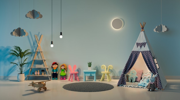 Teepee in child room interior at night