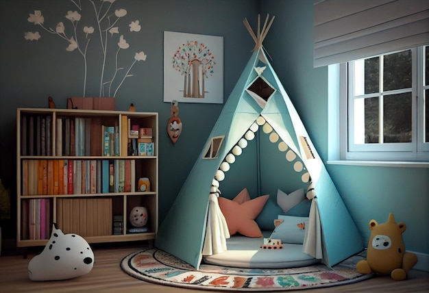 A teepee tent in a bedroom with a book shelf behind it.