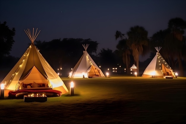 A teepee tent is lit up at night