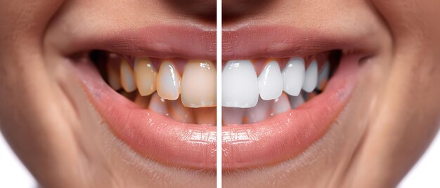 텍스트 또는 제품에 대한 빈 공간과 함께 비교하기 전과 후 치아 청소 및 백화