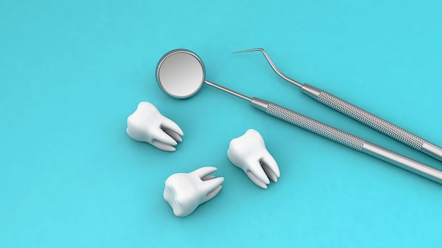 Teeth and dental instrument Dental mirror and hook with teeth on a green background 3d render