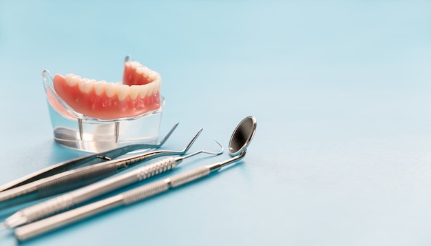 Il modello dei denti che mostra un modello del ponte della corona dentale dell'impianto mostra uno studio dei denti.