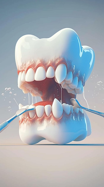 치아와 입의 건강을 3D로 묘사하여 치과 치료를 강조하는 수직 모바일 벽지