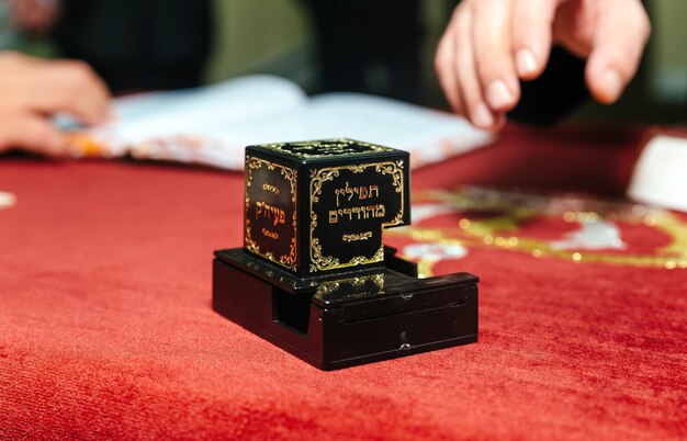 Tefillin Bar Mitzvah background of a prayer shawl