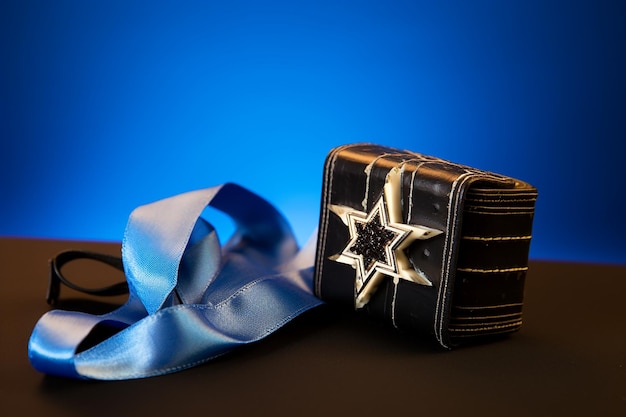 Tefillin and star of david on blue background