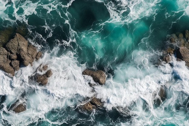 Tegel Naadloos patroon Luchtfoto van golven die breken op de rotsen in de oceaan Generatieve AI