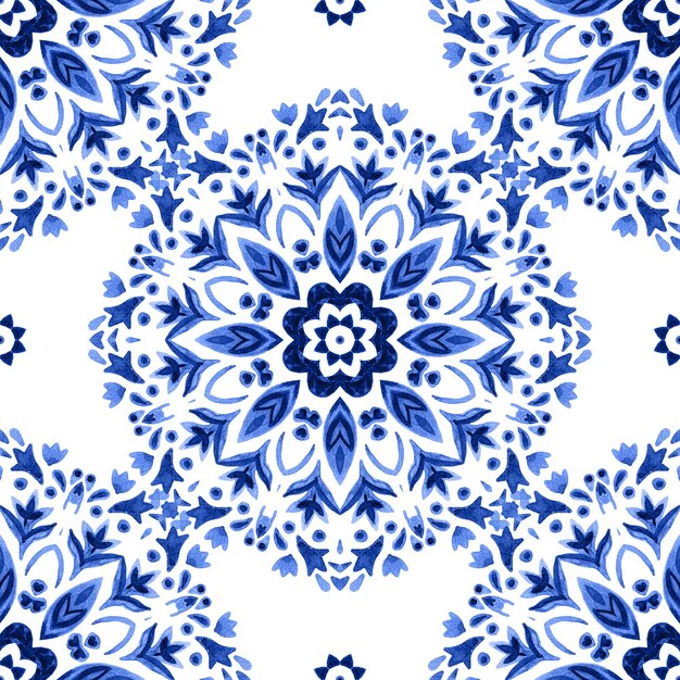 Foto tegelpatroon waterverf prachtige damask achtergrond portugese blauwe waterverf tegels met de hand getekende bloemenontwerp perzische abstracte bloemen achtergrond azulejo tegels muurontwerp arabeske tegels afdruk