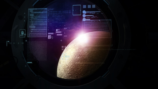 Tegen de achtergrond van de maan in het venster, infographics van vluchtberekeningen van ruimtevaartuigen.