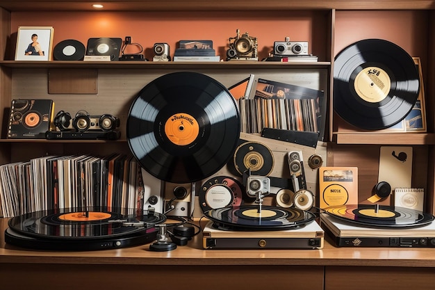 Foto tegen een vintage vinyl platencollectie voor muziekliefhebbers