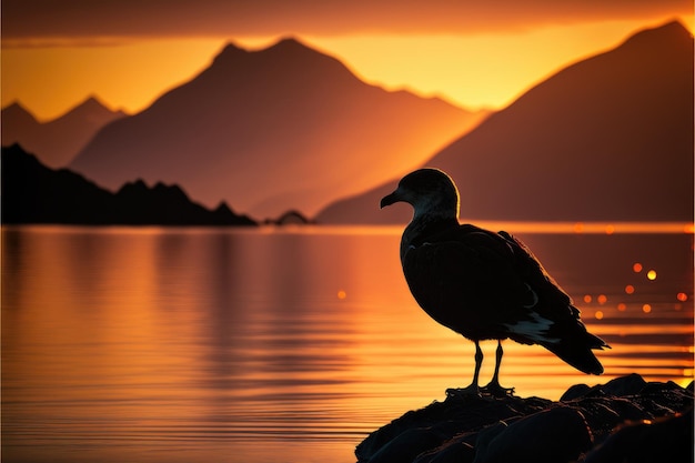 Tegenlicht met een zeemeeuw op de voorgrond en een geweldige gouden zonsondergang op de achtergrond Generatieve AI