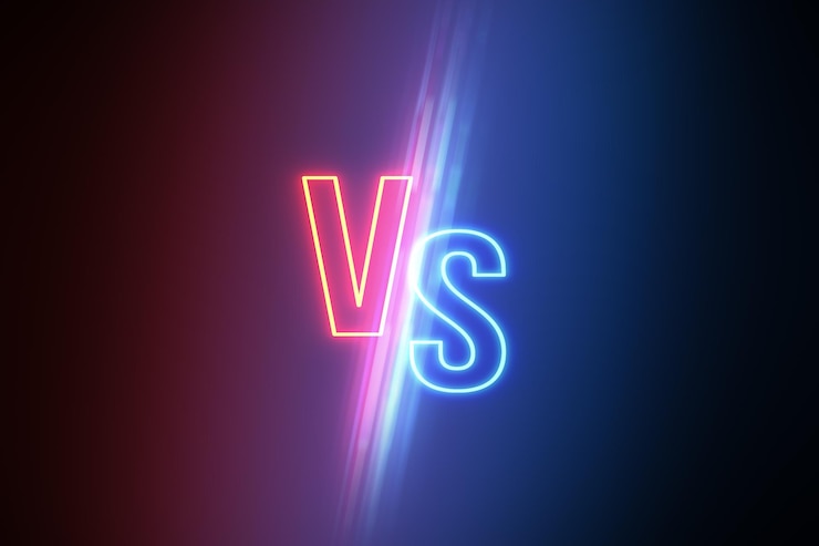 Foto tegenstellingen versus en keuzeconcept met gloeiende digitale rode v en blauwe s-letters tegenover elkaar op abstracte donkere achtergrond 3d-rendering