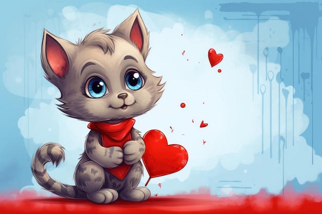 Teken een banner met een grappige schattige kat met rode harten voor een valentijnsdagviering.