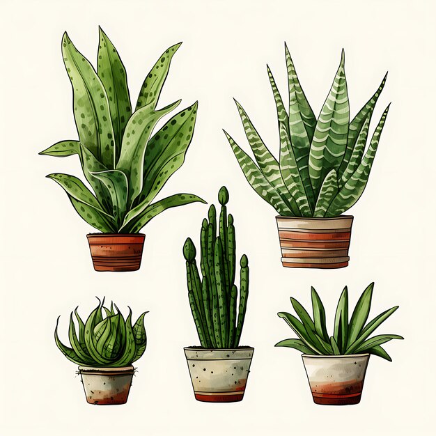 Teken met de hand waterverf Aloe Vera Snake Plant Zz Plant Haworthia op wit plat Creative Art Decorator