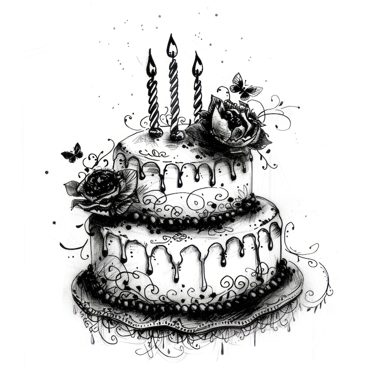 Foto teken met de vrije hand stijl verjaardagstaart dessert tekening schets