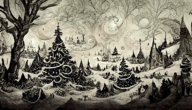 Teken zwart-wit van kerstlandschap met sneeuw en bomen kerstillustratie