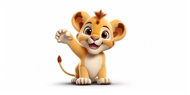 Foto tekenfilm leeuwenwelp zit en zwaait met zijn poot generatieve ai