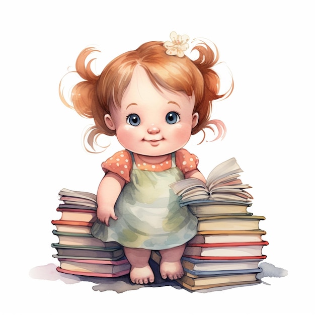 tekenfilm meisje zit op een stapel boeken met een boek in haar hand generatieve ai