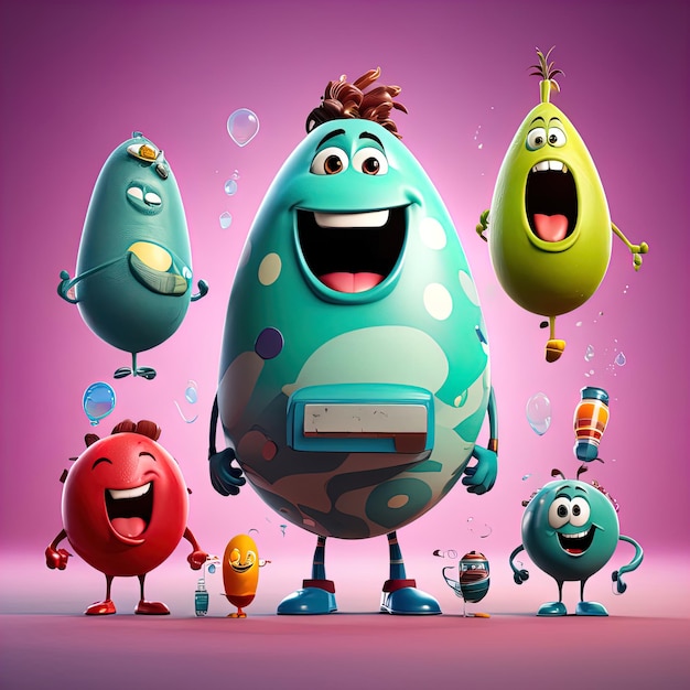 tekenfilmpersonages met verschillende kleurrijke eieren tekenfilmfiguren met verschillende kleurige eieren