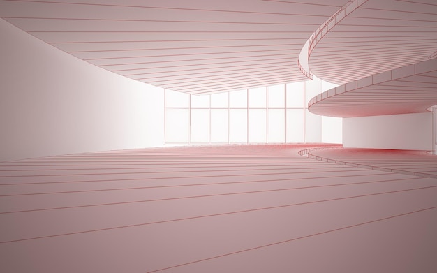 Tekening abstract architectonisch wit interieur van een minimalistisch huis met grote ramen 3D