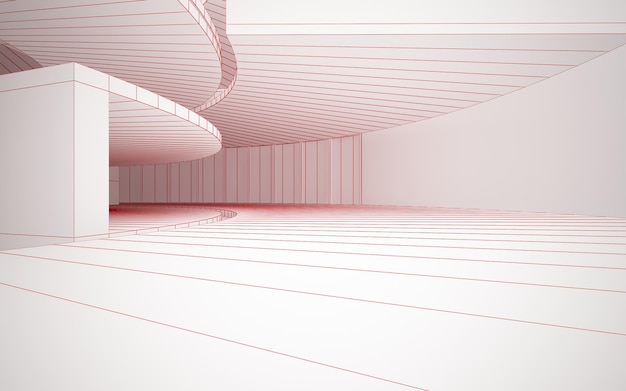 Tekening abstract architectonisch wit interieur van een minimalistisch huis met grote ramen 3D