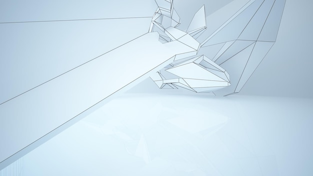 Tekening abstract architectonisch wit interieur van een minimalistisch huis met grote ramen 3D