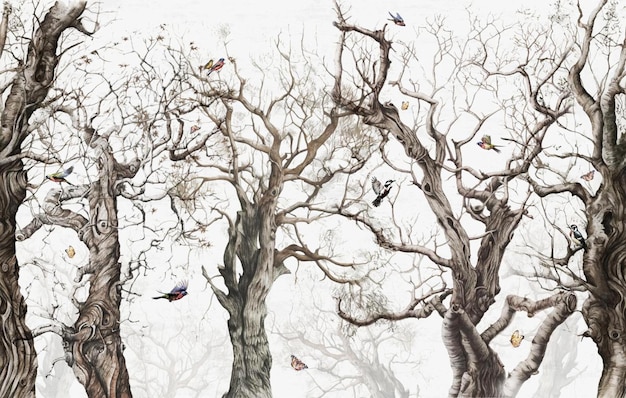 Tekening bospatroon landschap van droge bomen in de herfst met vogels en witte achtergrond