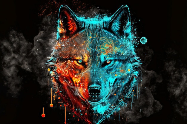 Tekening in kleuren veelkleurige wolfskop op zwarte achtergrond