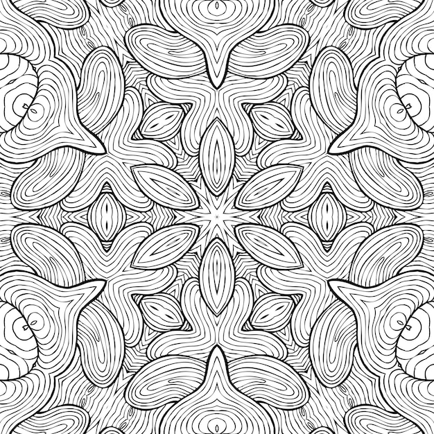 Tekening Kleurplaat anti-stressprogramma, zwart-wit symmetrische bloem tekening. Monochroom bloemen achtergrond. Hand getekende ornament met bloemen, ontspannend kleurboek. Curls mandala meditatieve tekening