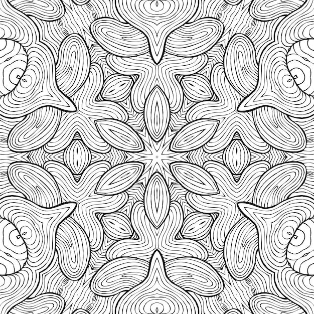 Tekening Kleurplaat anti-stressprogramma, zwart-wit symmetrische bloem tekening. Monochroom bloemen achtergrond. Hand getekende ornament met bloemen, ontspannend kleurboek. Curls mandala meditatieve tekening