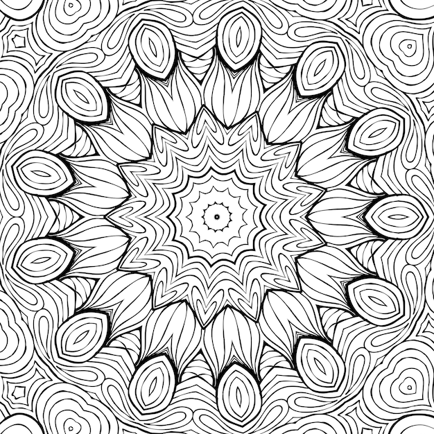 Tekening Kleurplaat anti-stressprogramma, zwart-wit symmetrische bloemtekening. Monochroom bloemen achtergrond. Hand getekende ornament met bloemen, ontspannend kleurboek. Curls mandala meditatieve tekening