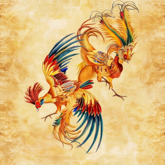 Foto tekening met het vechten van prachtige gouden fazanten waterverf als een concept voor een eindeloze tegel of ba