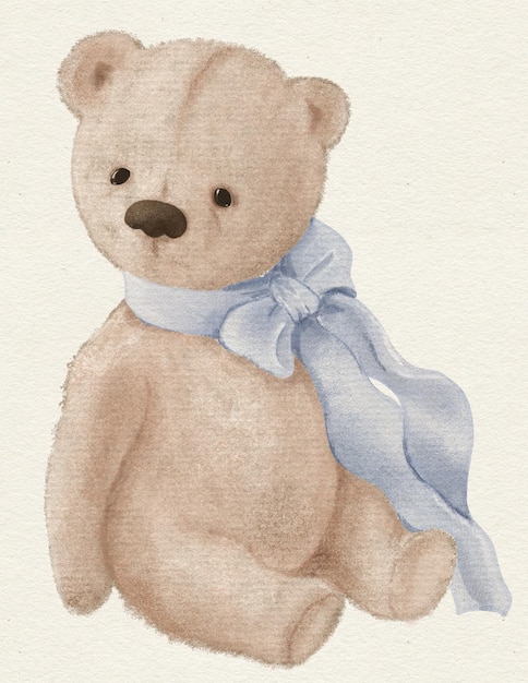 tekening van baby jongen teddybeer met blauw lint voor kinderfeestjes