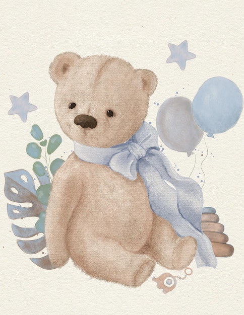 tekening van baby jongen teddybeer met blauw lint voor kinderfeestjes
