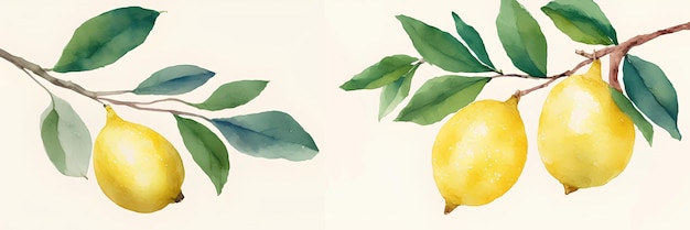 Tekening van citroenen op een tak fruit met bladeren geïsoleerd op witte achtergrond ai generatie