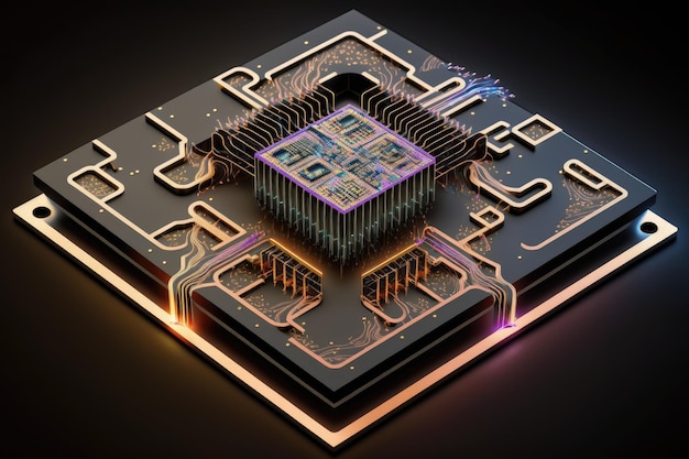 Tekening van complexe microchip door laser met nanotechnologieën gemaakt met generatieve AI