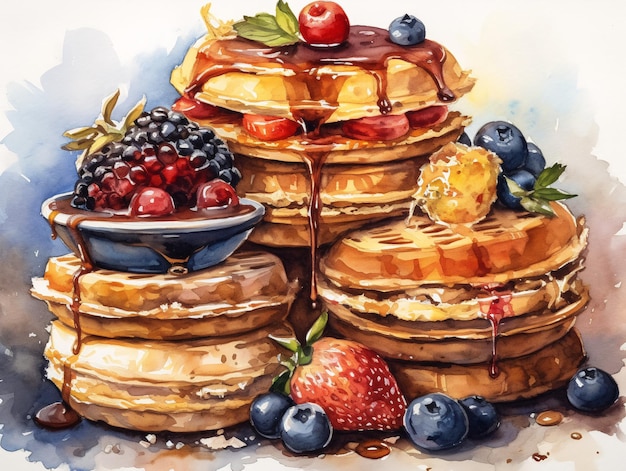 Tekening van desserts van wafels en pannenkoeken met jam en honing in de stijl van aquarel schilderenu AI gegenereerde AI generatieve AI generatieve