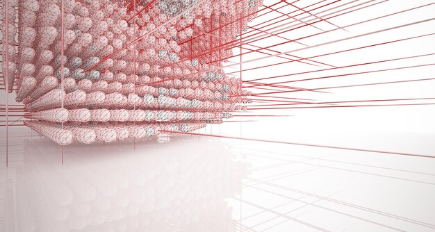 Tekening van een abstract architectonisch wit interieur uit een reeks bollen met grote ramen 3D illust