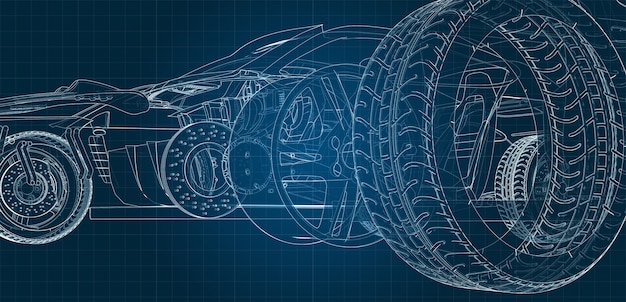 Tekening van een auto en zijn onderdelen op een blauwe millimeter ondergrond