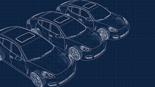 Tekening van een auto en zijn onderdelen op een blauwe millimeter ondergrond