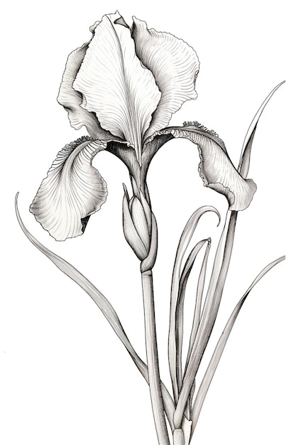 Tekening van een bloem met een stengel en bladeren in een vaas